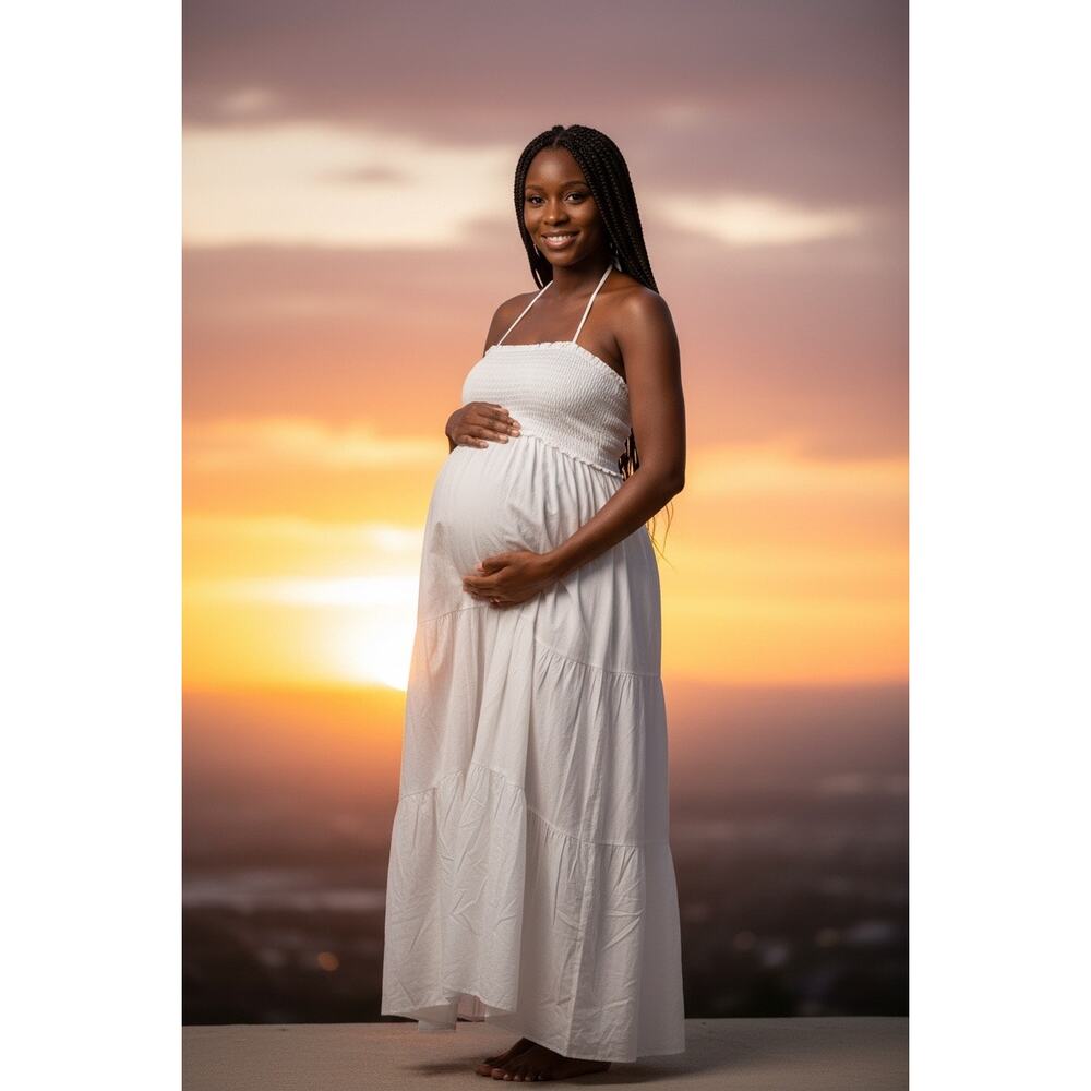 Bumpsuit White Maternity Maxi Dress Smocked Shirred Halter/Strapless Size Large